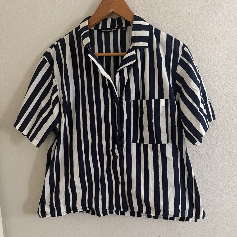 Marimekko x Uniqlo Navy and White Vertical Stripe Camp collar shirt size M